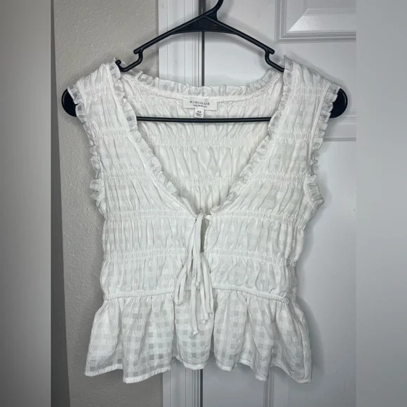 KIRIOUS Los Angeles White Ruffle Tie Front Peplum Top XS - Picture 1 of 8